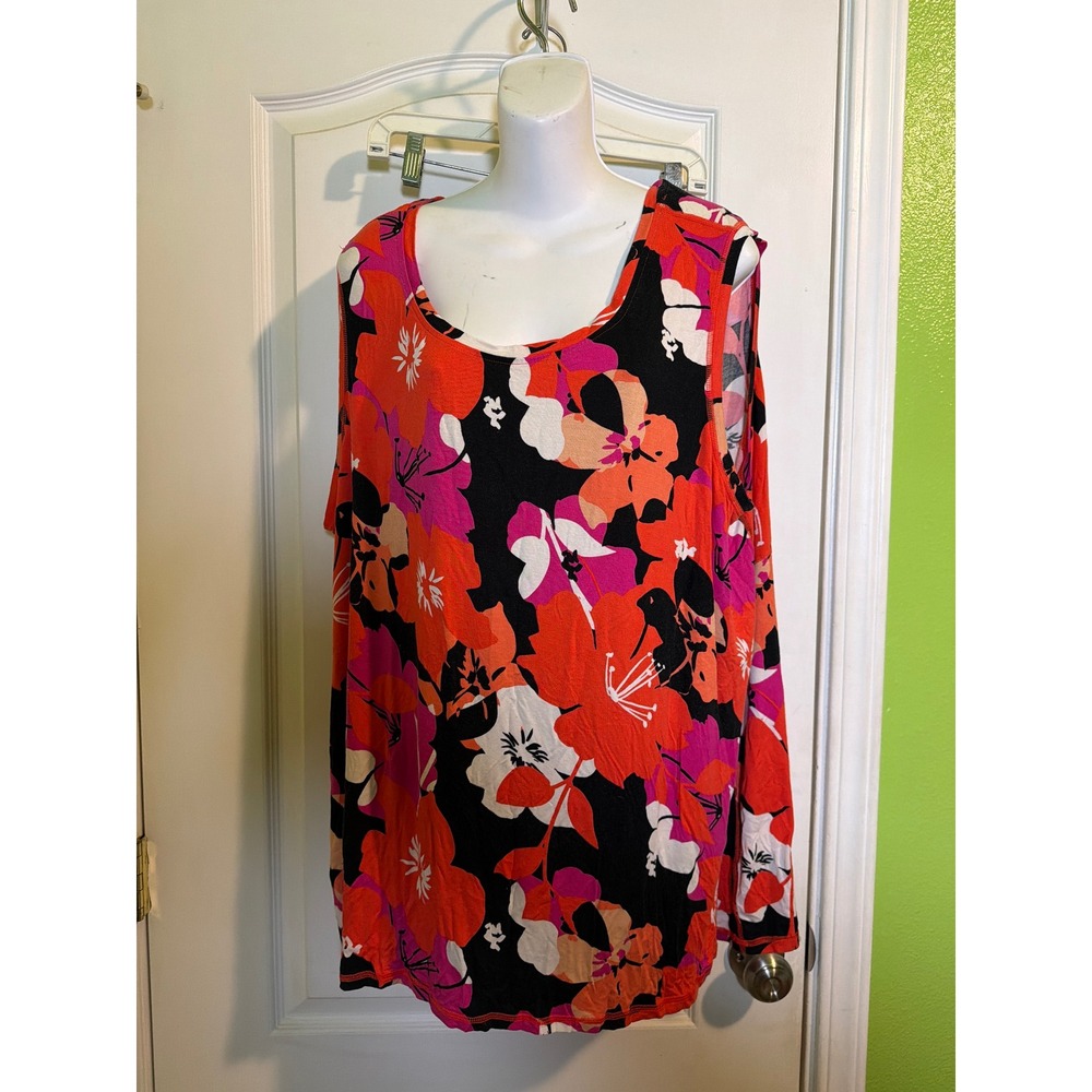 LuLaRoe Floral Mesh Back Tank Top Red Pink Tropical Hibiscus Sleeveless XL